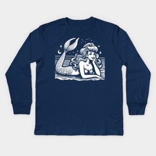 Linocut Mermaid Kids Long Sleeve T-Shirt